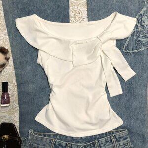 Original White Bow Off Shoulder Short Sleeve T-Shirt Women